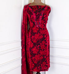 Twill Organza Maroon Unstitched Suit