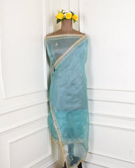 Glass Sky Blue Unstitched Lehenga Suit