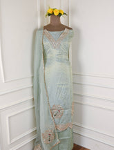 Banarasi Pista Green Unstitched Suit