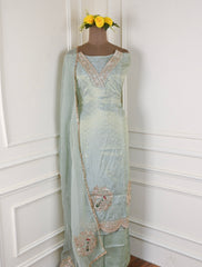 Banarasi Pista Green Unstitched Suit