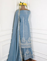 Shimmer Powder Blue Unstitched Lehenga Suit