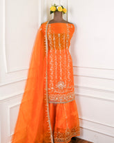 Glass Shimmer Orange Unstitched Lehenga Suit