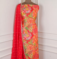 Banarasi Silk Red Unstitched Suit