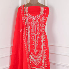 Organza Red Unstitched Suit