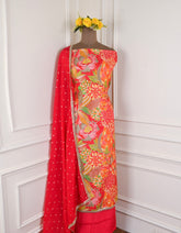Banarasi Silk Red Unstitched Suit