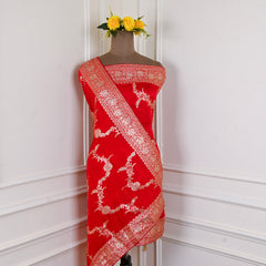 Banarasi Silk Red Unstitched Suit