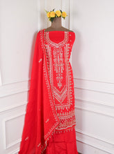 Organza Red Unstitched Suit