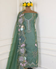 Organza Green Unstitched Suit