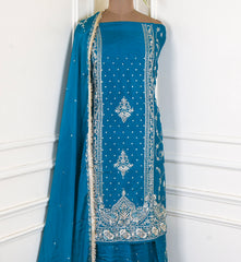 Khadi Blue Unstitched Lehenga Suit