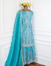 Shimmer Sky Blue Unstitched Lehenga Suit