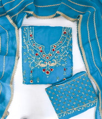 Organza Sky blue Unstitched Suit