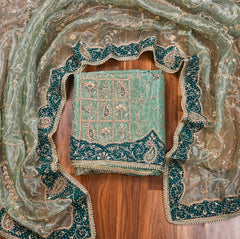 Glass Shimmer Pista Green Unstitched Suit