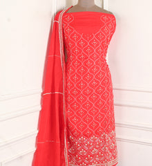 Organza Red Unstitched Suit