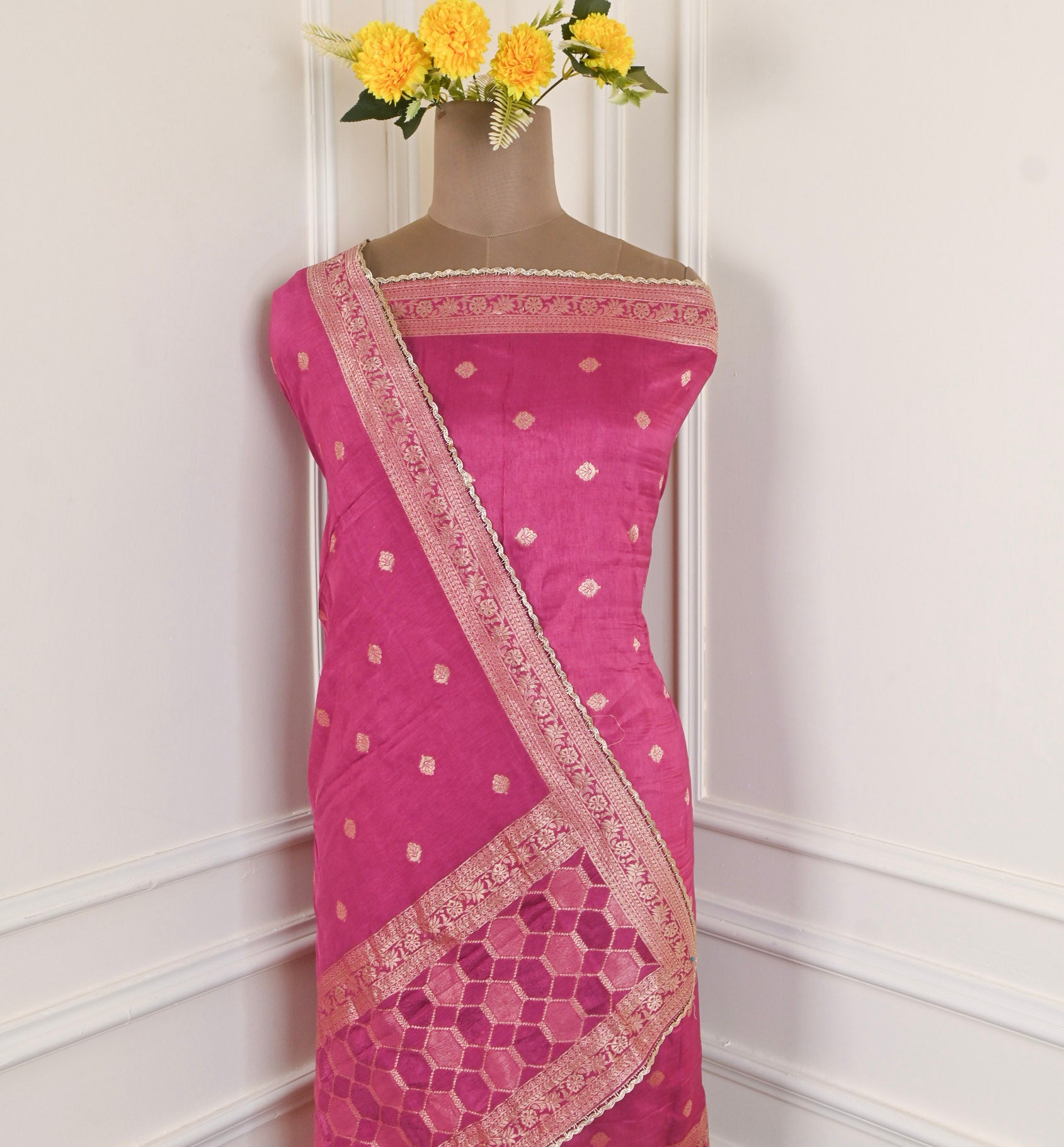 Banarasi Pink Unstitched Suit