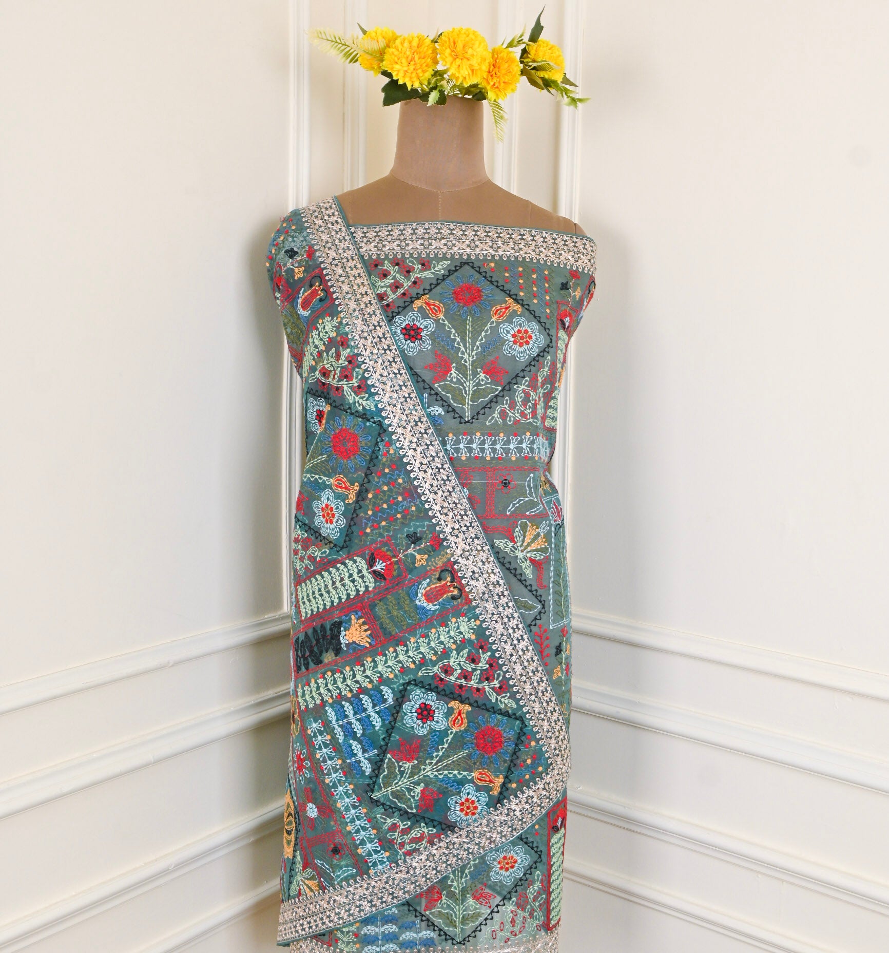 Organza Ferozi Unstitched Suit