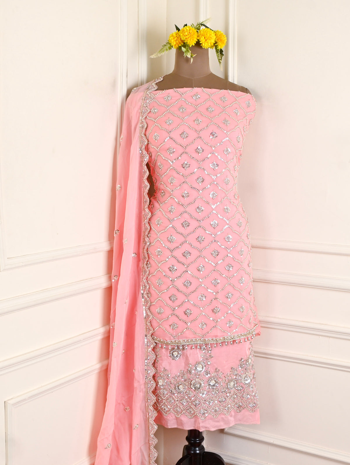 Organza Baby Pink Unstitched Suit