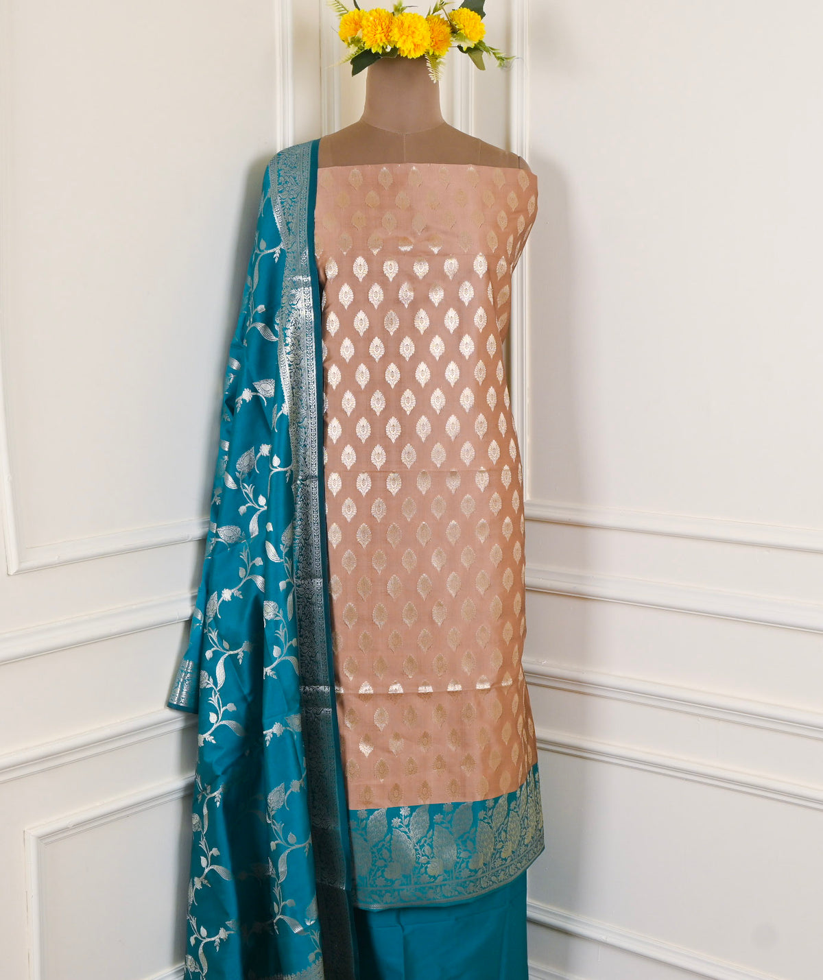 Banarasi Silk Beige Unstitched Suit