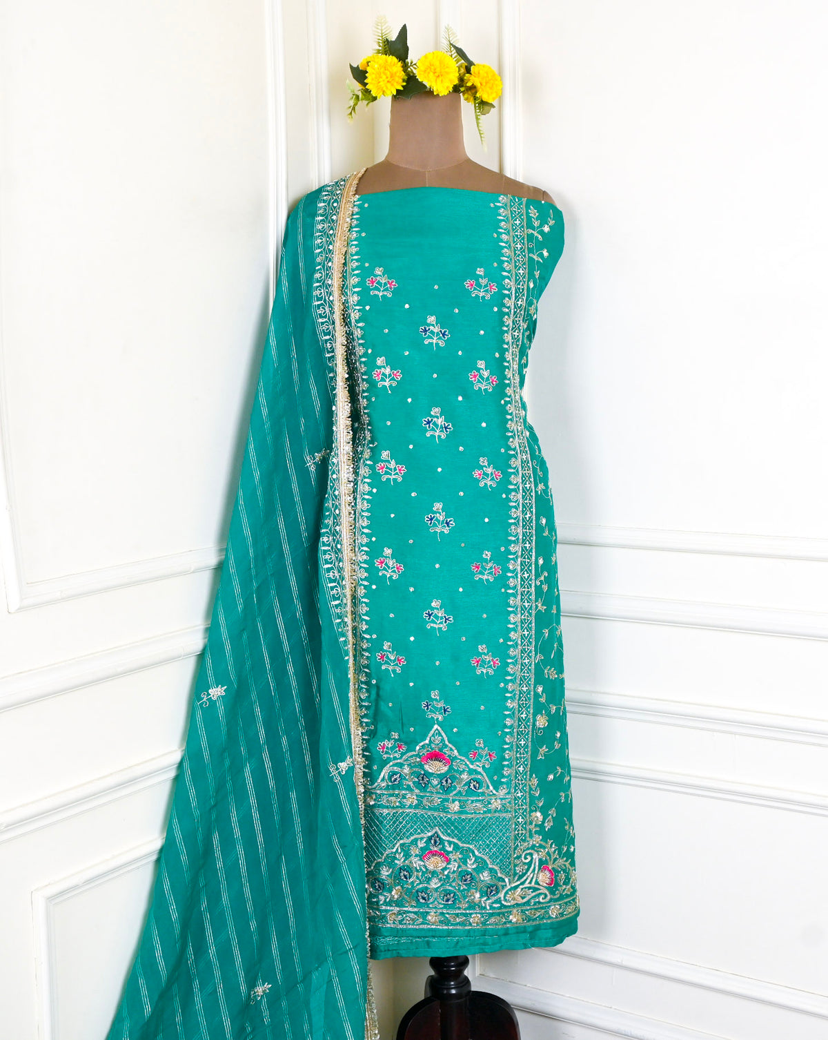 Khadi Teal Blue Unstitched Suit
