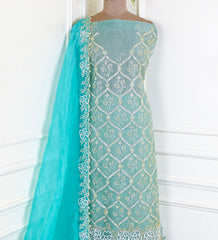 Glass Tissue Pista Green Unstitched Lehenga Suit