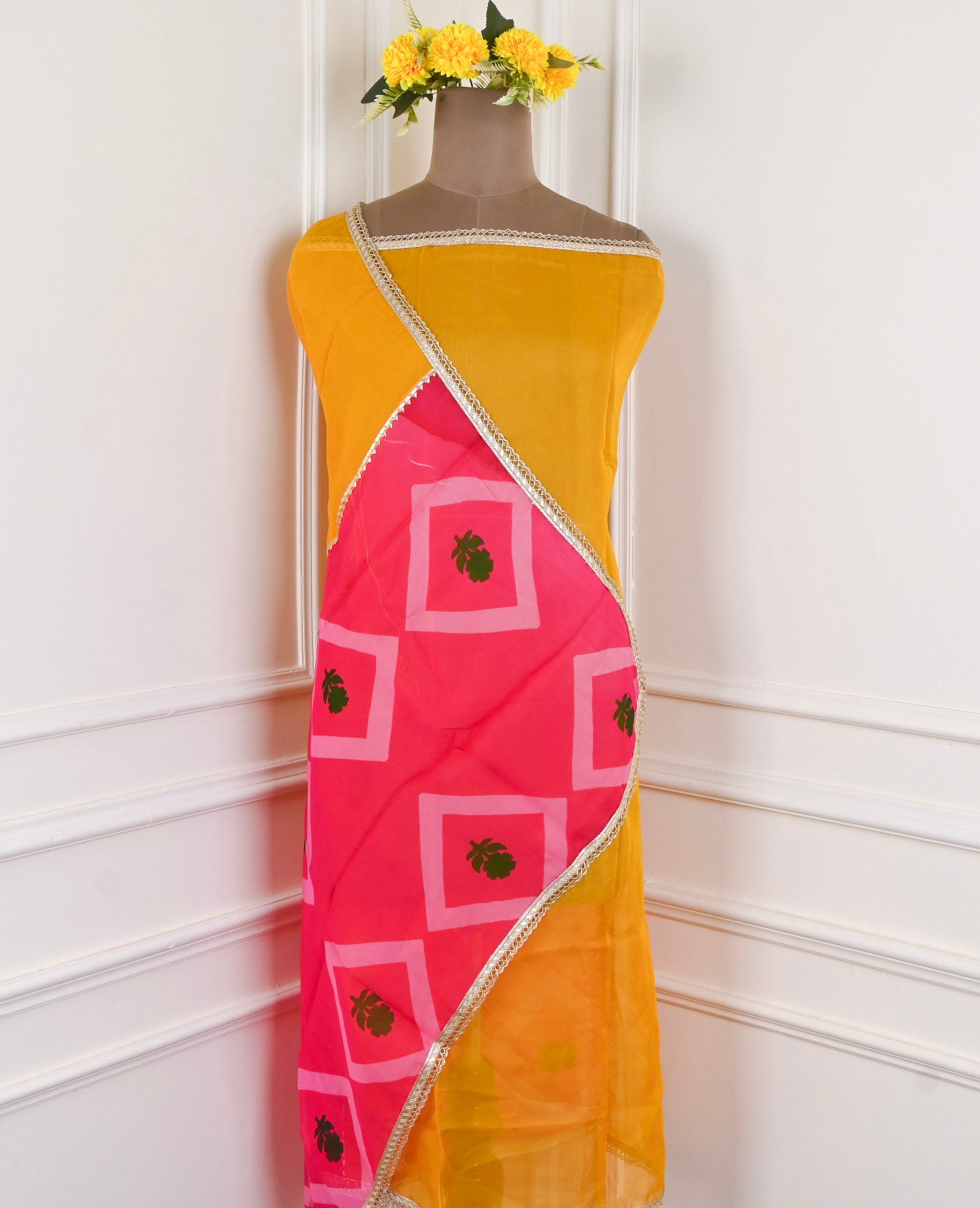 Organza Yellow Mustard Unstitched Suit