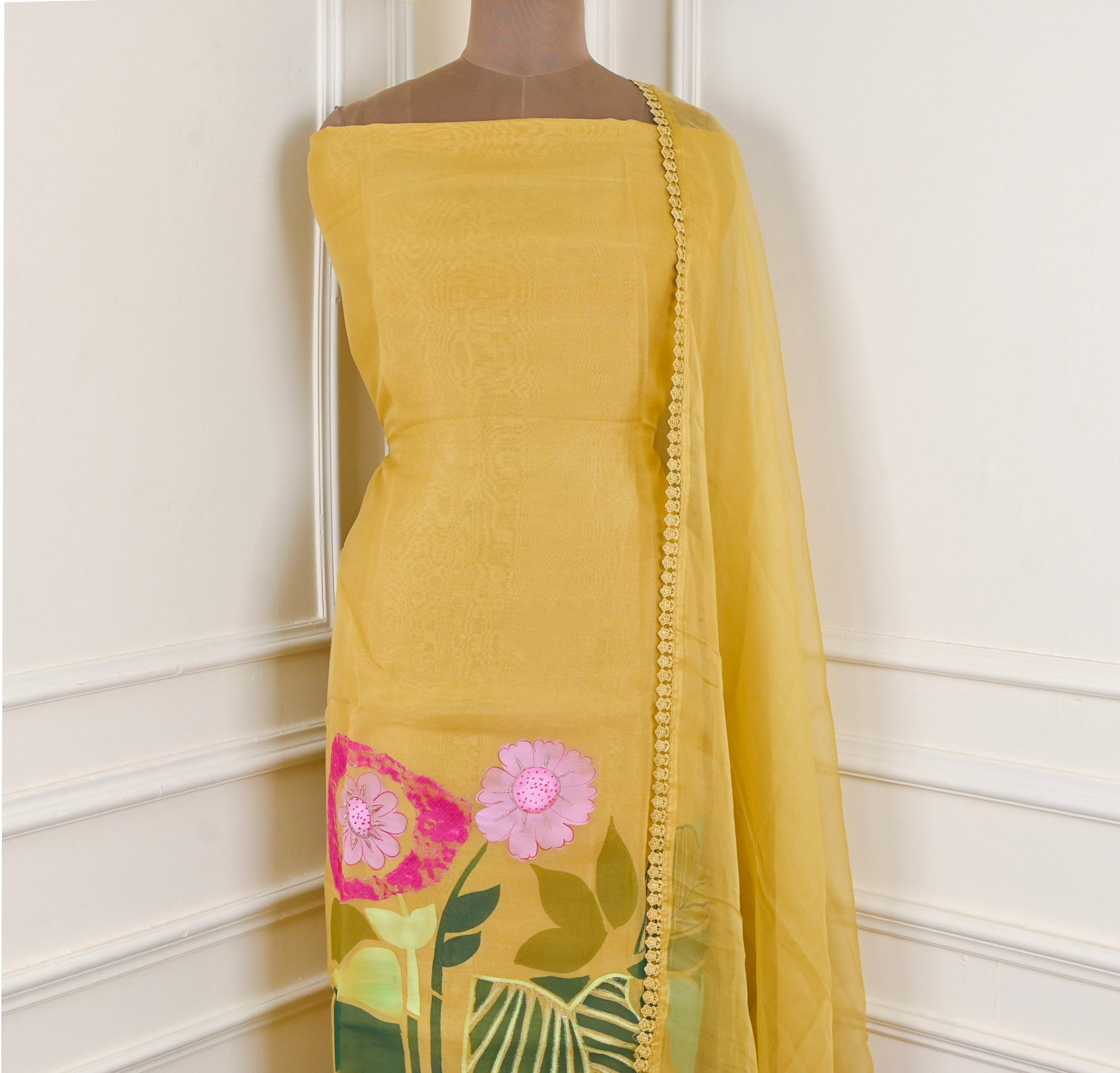 Organza Yellow Unstitched Suit