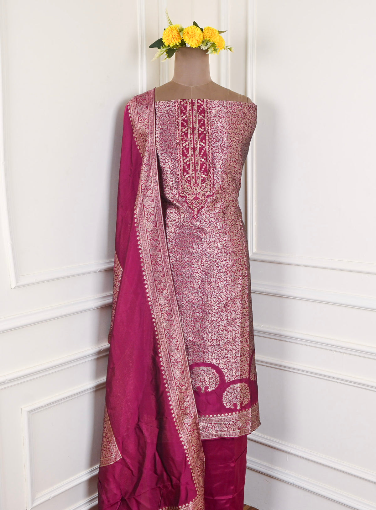 Banarasi Magenta Unstitched Suit