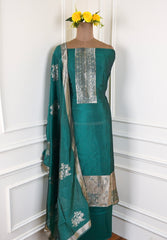 Banarasi Silk Teal Green Unstitched Suit