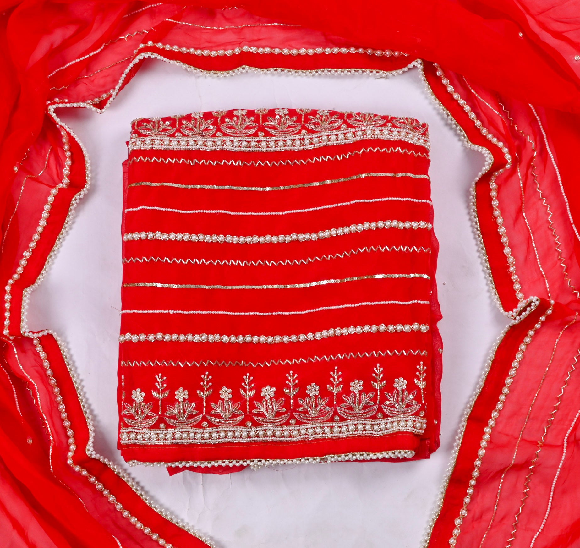 Organza Red Unstitched Suit