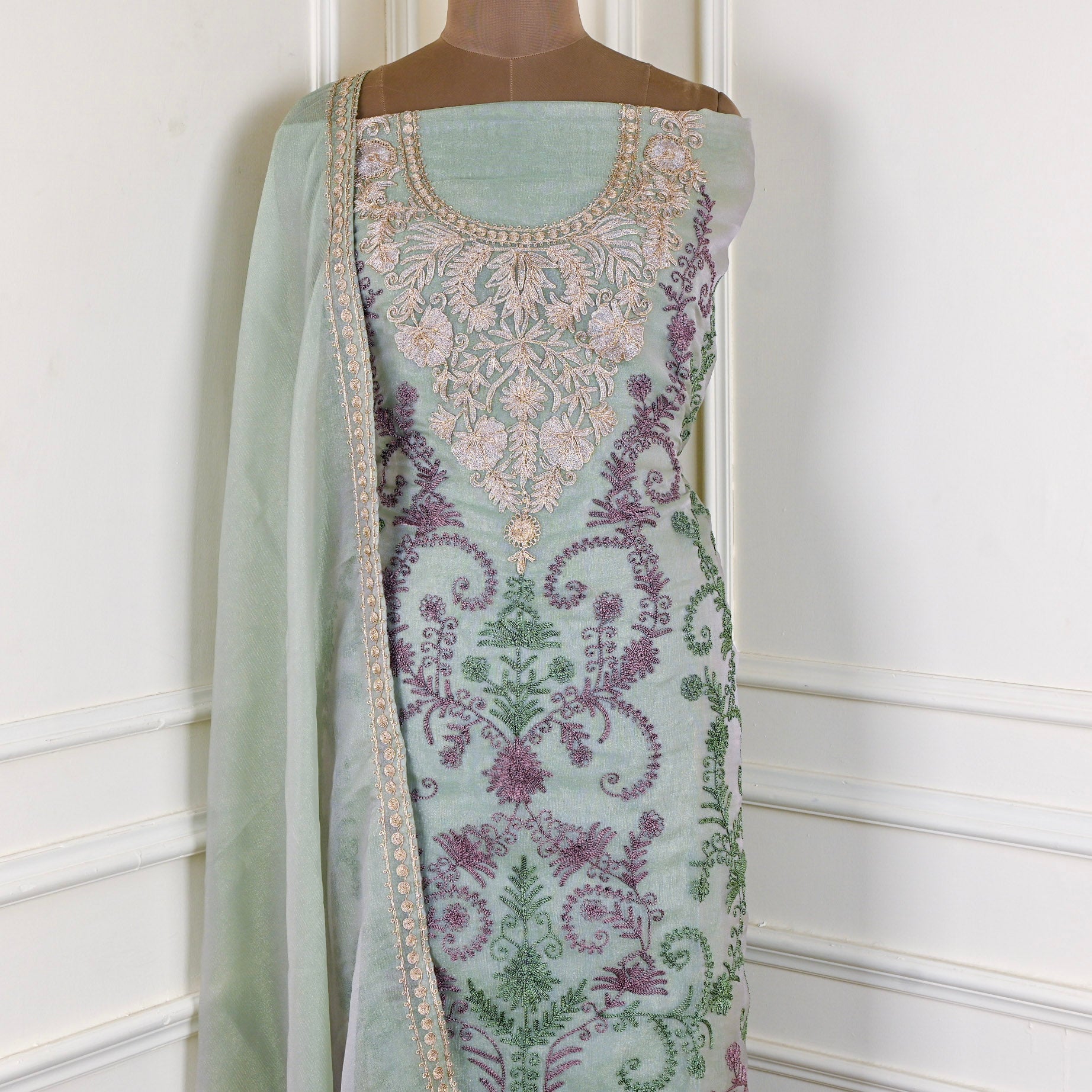 Crush Shimmer Pista Green Unstitched Suit