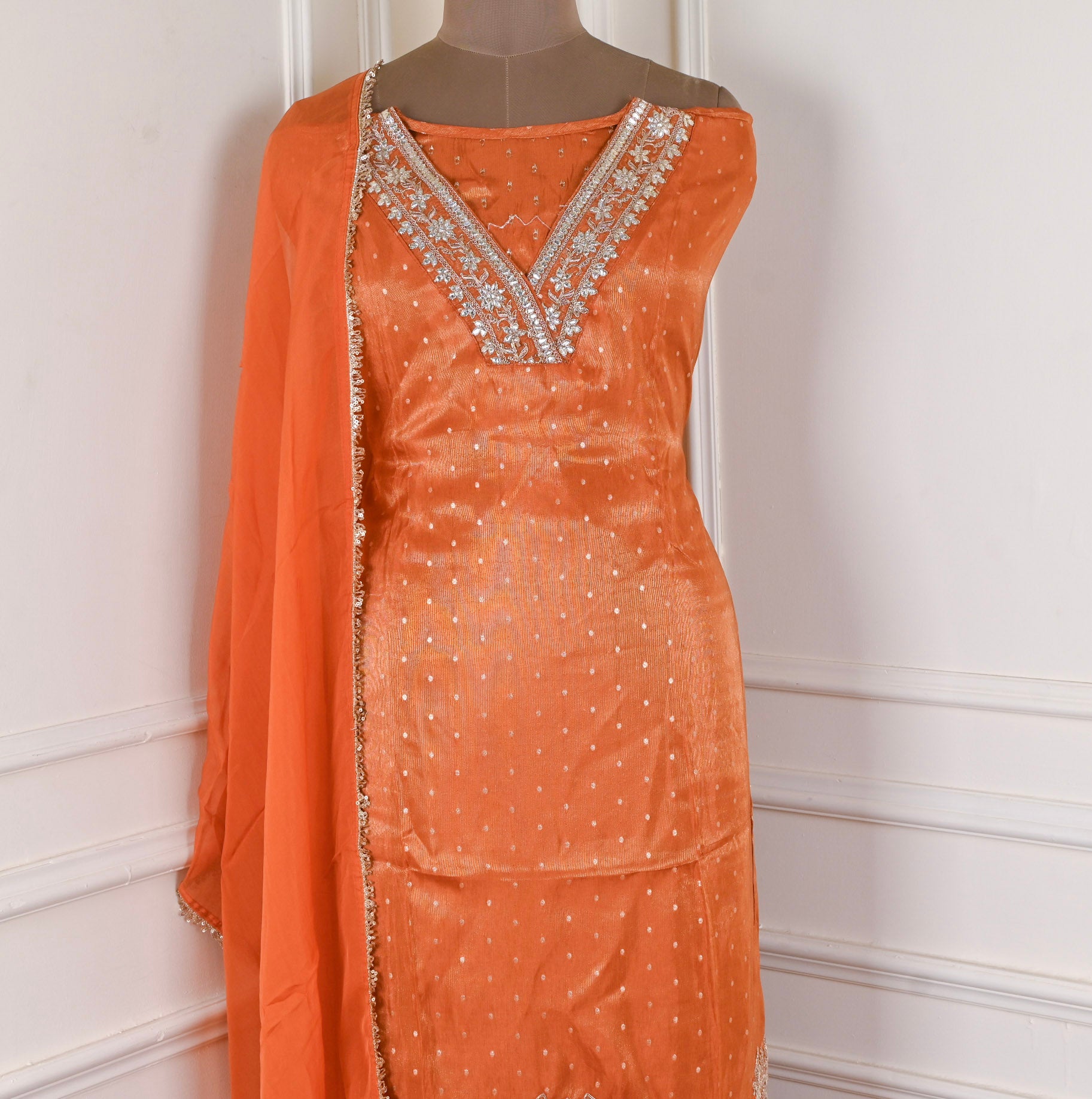 Banarasi Orange Unstitched Suit
