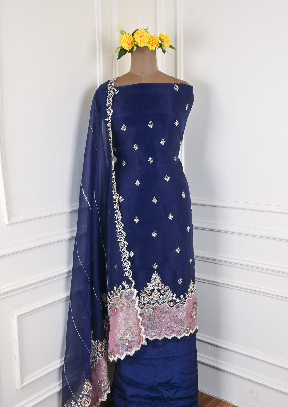 Glass Organza Navy Blue Unstitched Suit