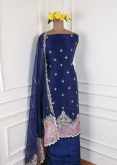 Glass Organza Navy Blue Unstitched Suit