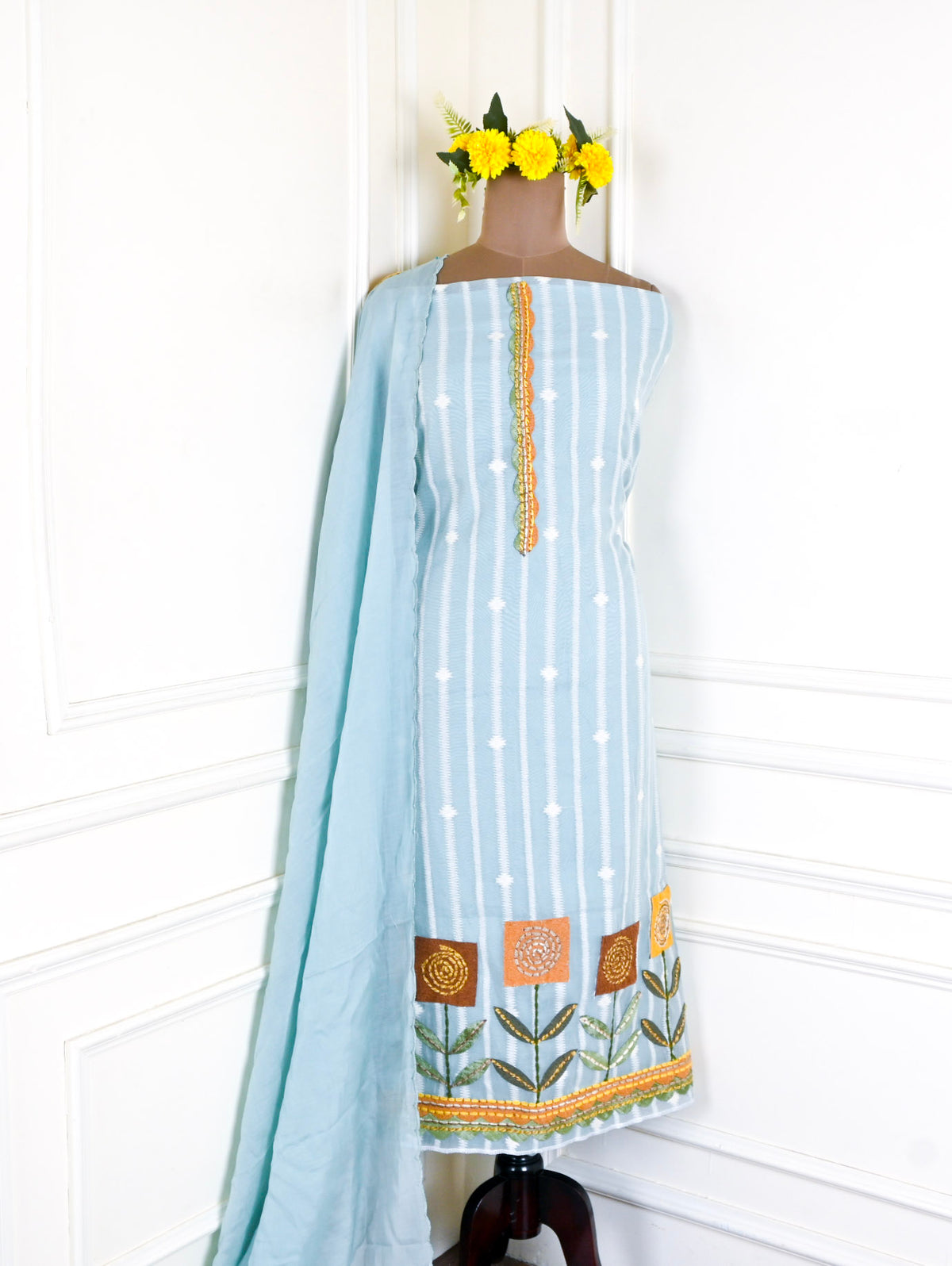 Mul Chanderi Cotton Sky Blue Unstitched Suit