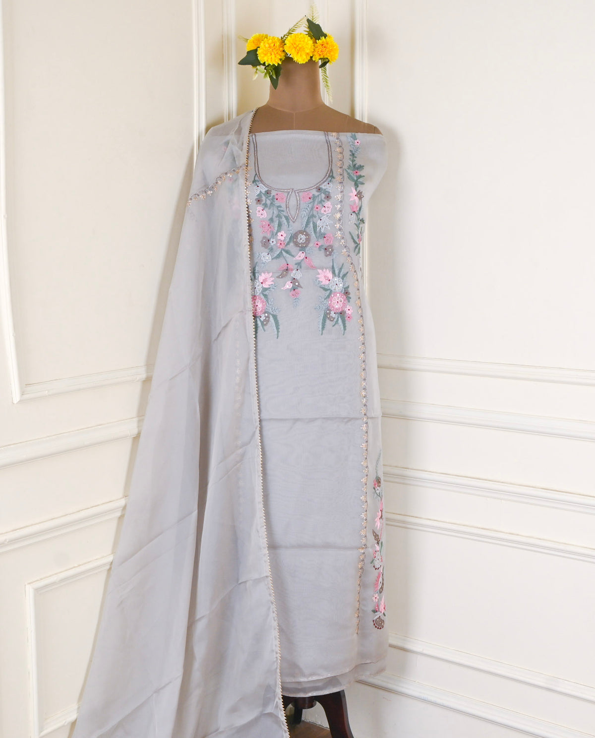 Organza Grey Unstitched Suit