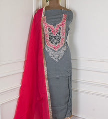 Organza Black & Magenta Unstitched Suit