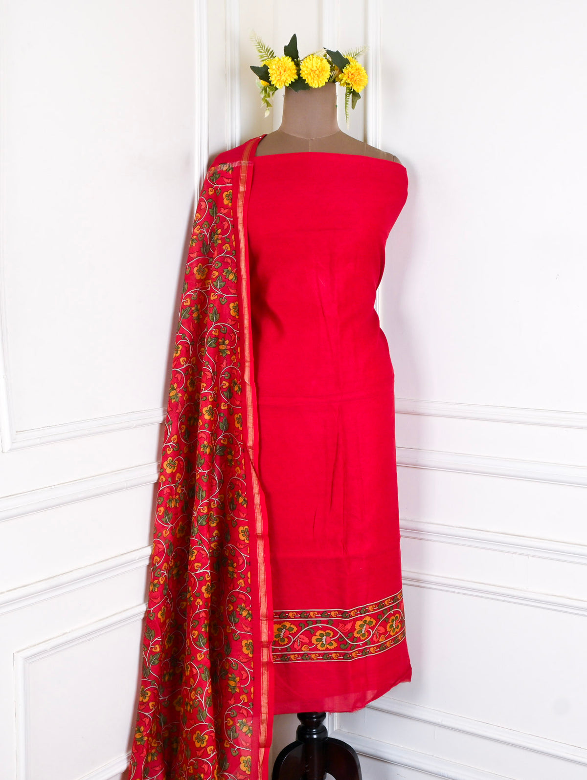 Maheshwari Cotton Red Unstitched Suit