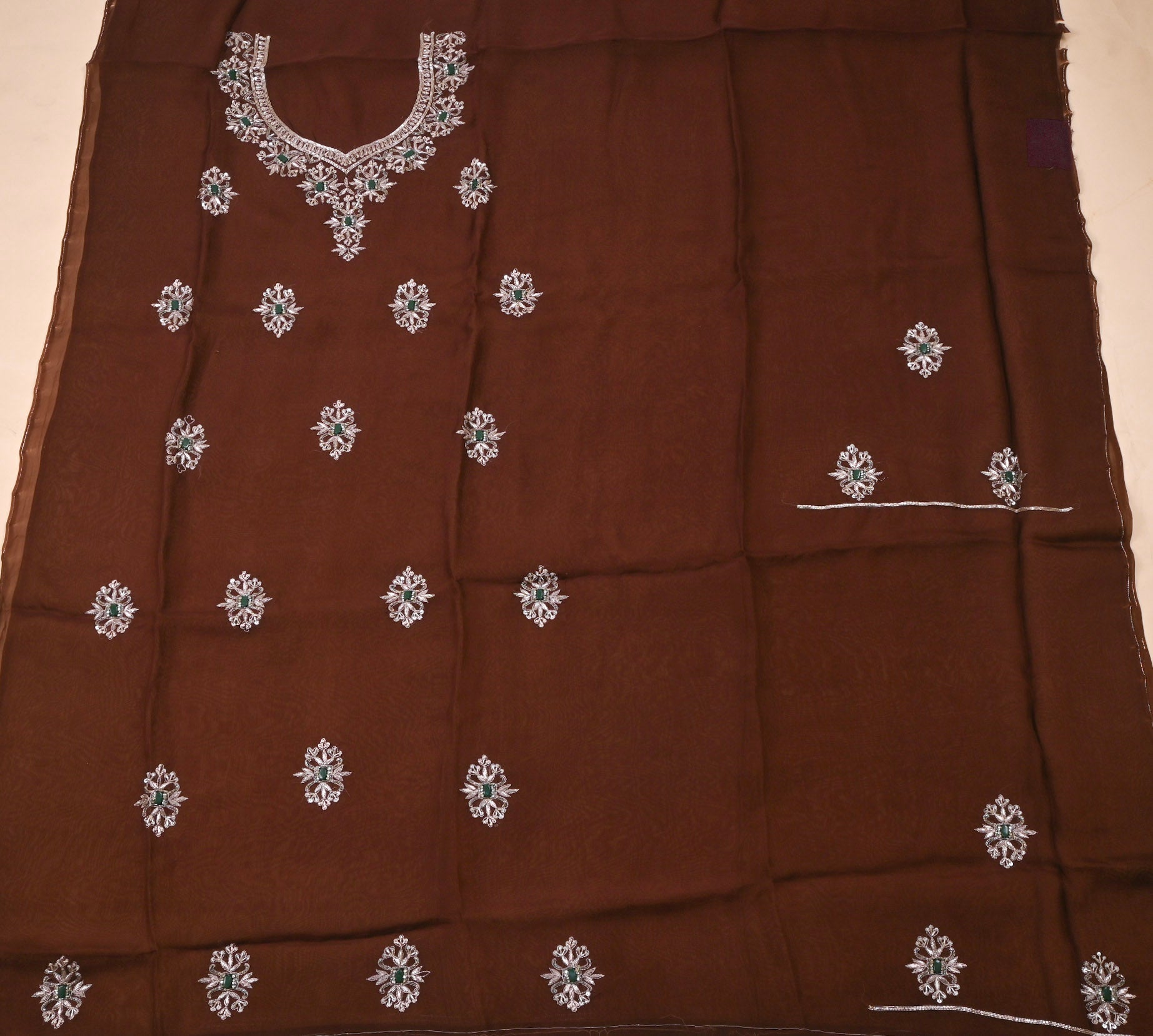 Organza Brown Unstitched Suit