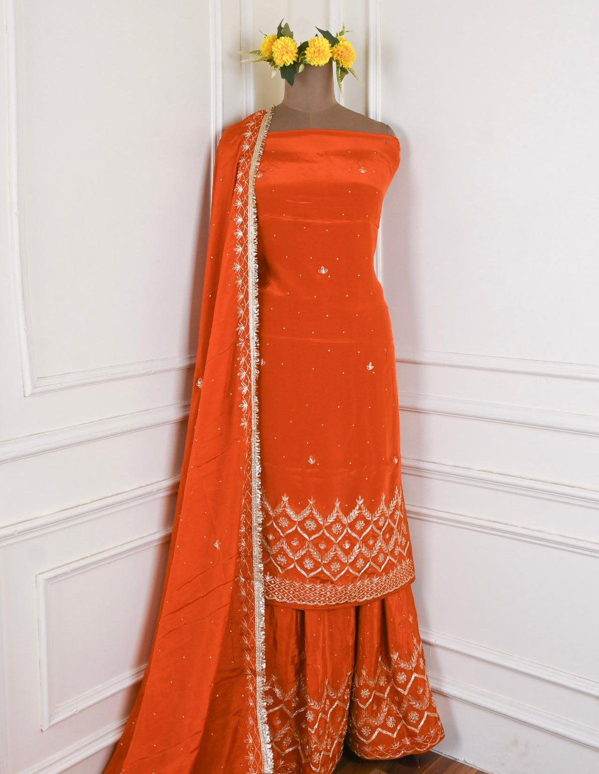 Crepe Rust Unstitched Lehenga Suit