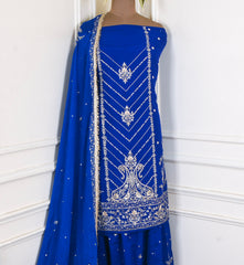 Khadi Blue Unstitched Lehenga Suit