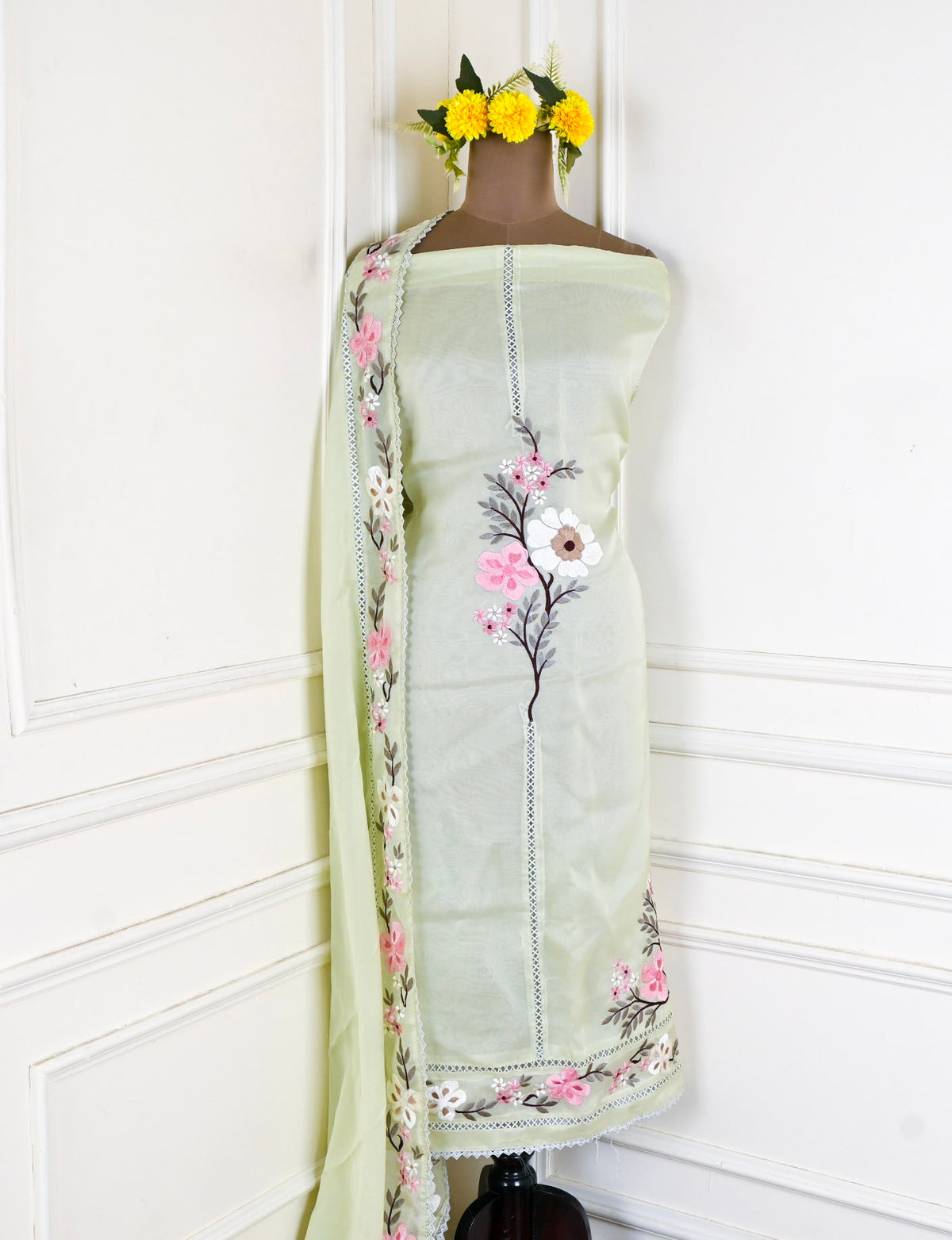 Organza Green Pista floral Unstitched Suit