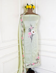 Organza Green Pista floral Unstitched Suit
