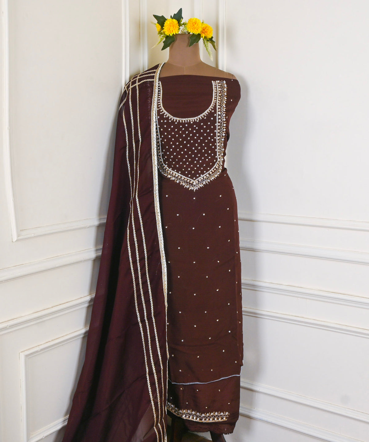 Organza Brown Unstitched Suit