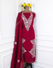 Organza Maroon Unstitched Suit