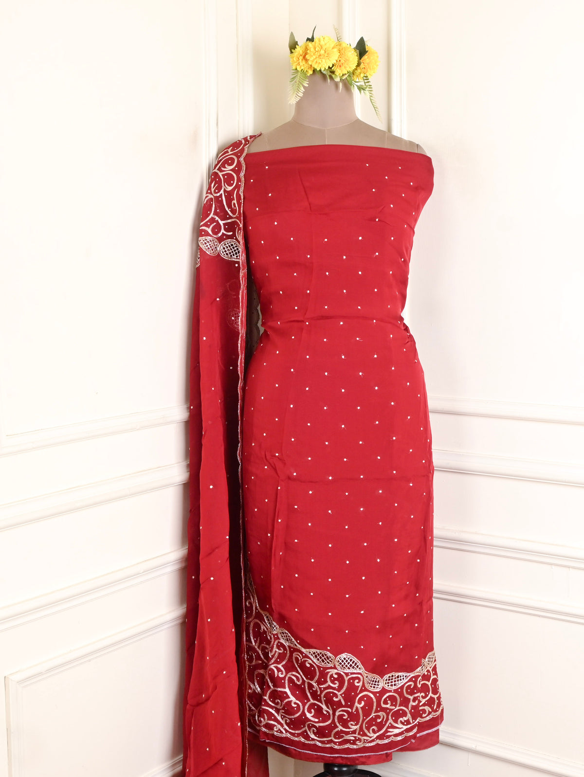 Organza Maroon Unstitched Suit