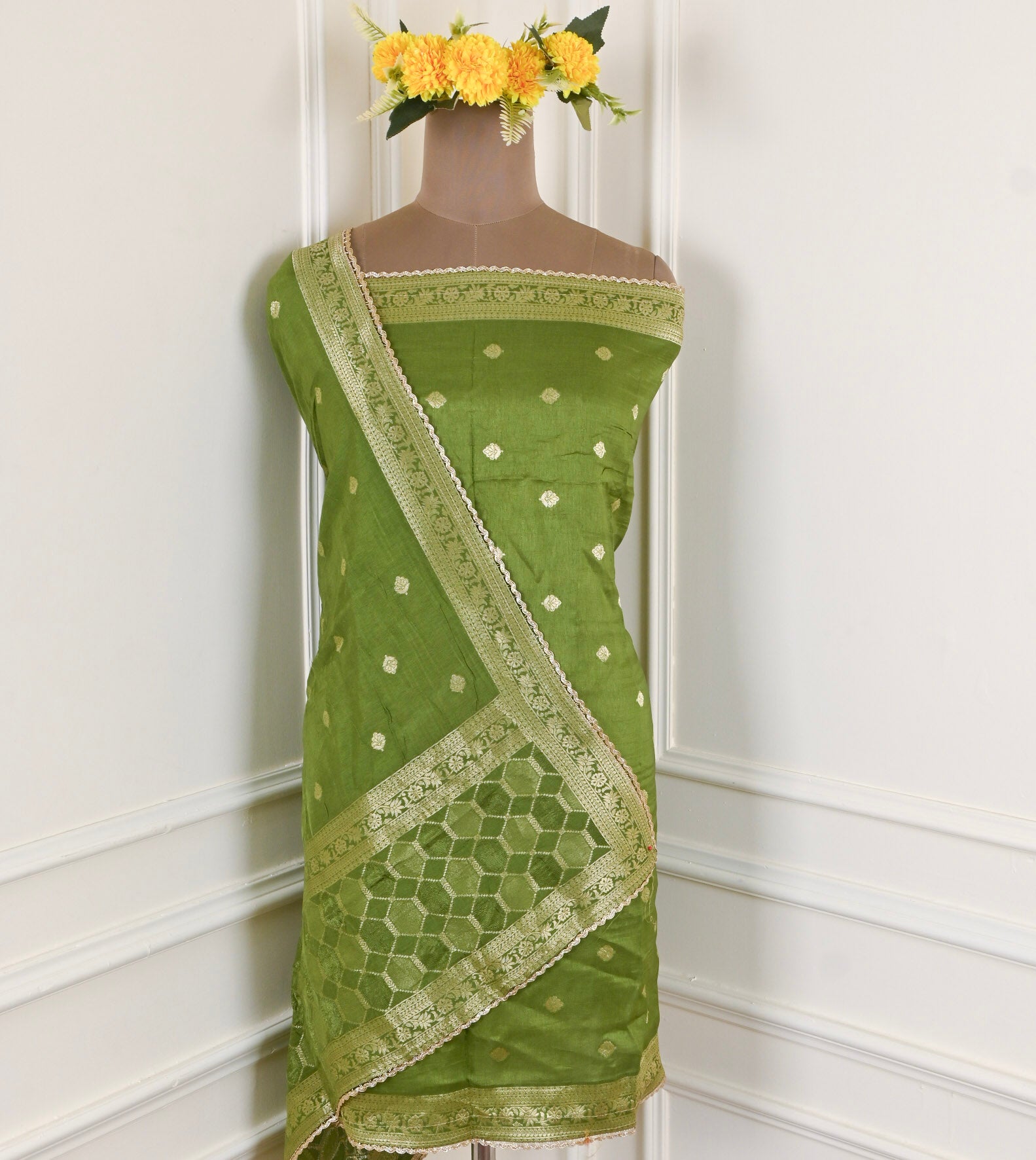 Banarasi Olive Green Unstitched Suit
