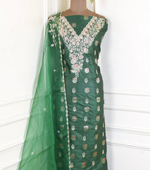 Banarasi Silk Green Unstitched Suit