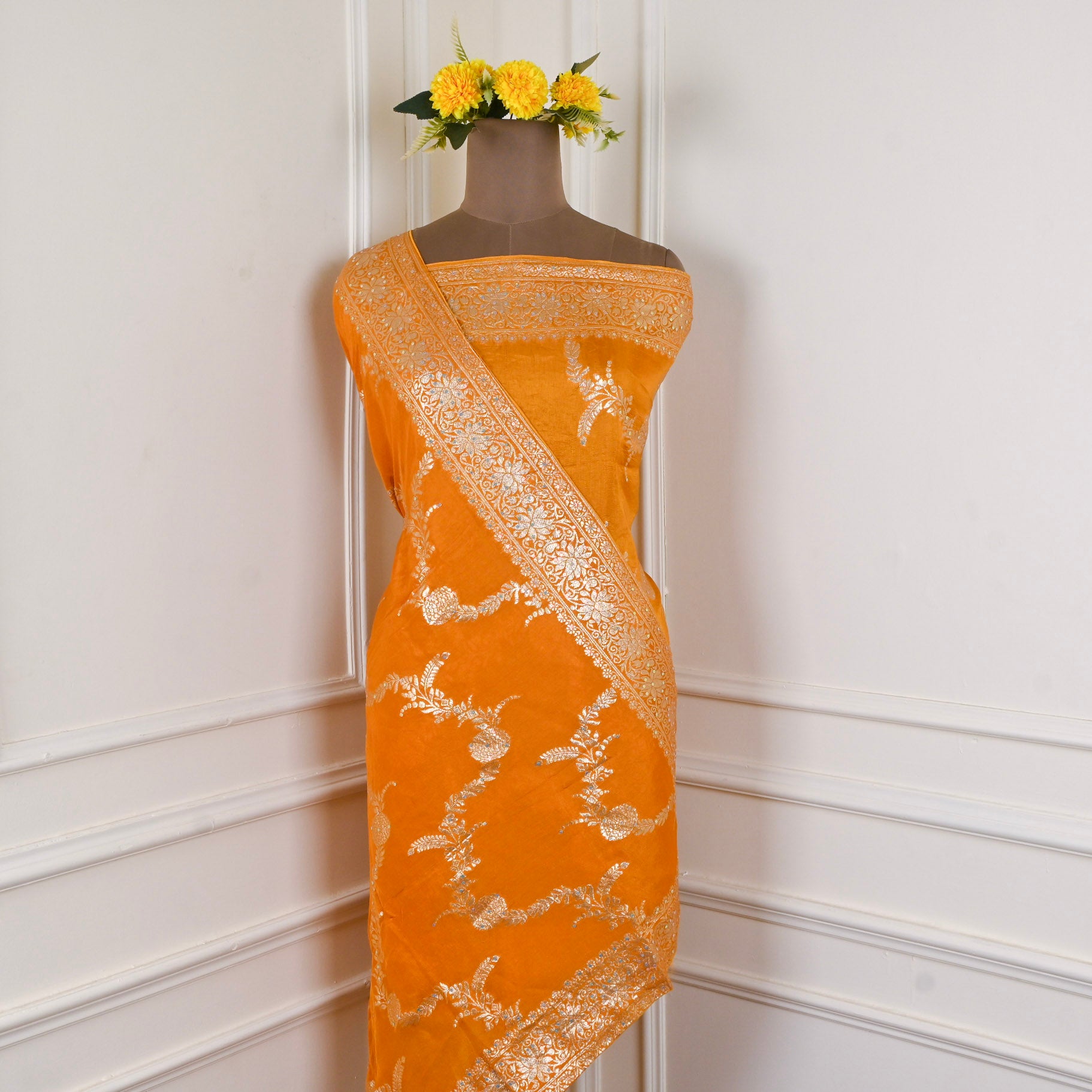 Banarasi Silk Yellow Unstitched Suit