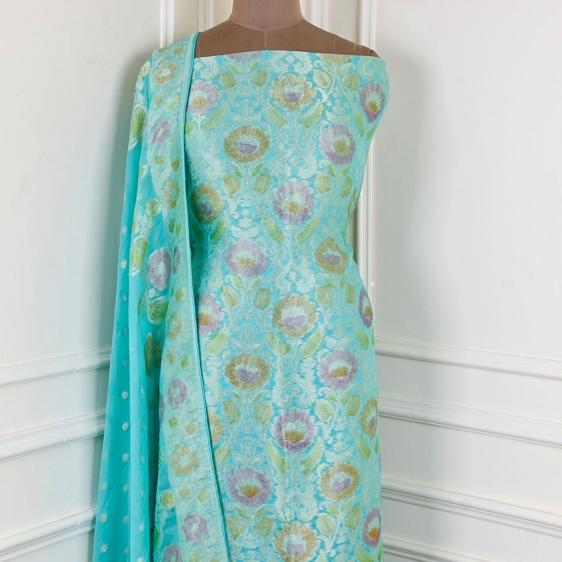 Banarasi Aqua Blue Unstitched Suit