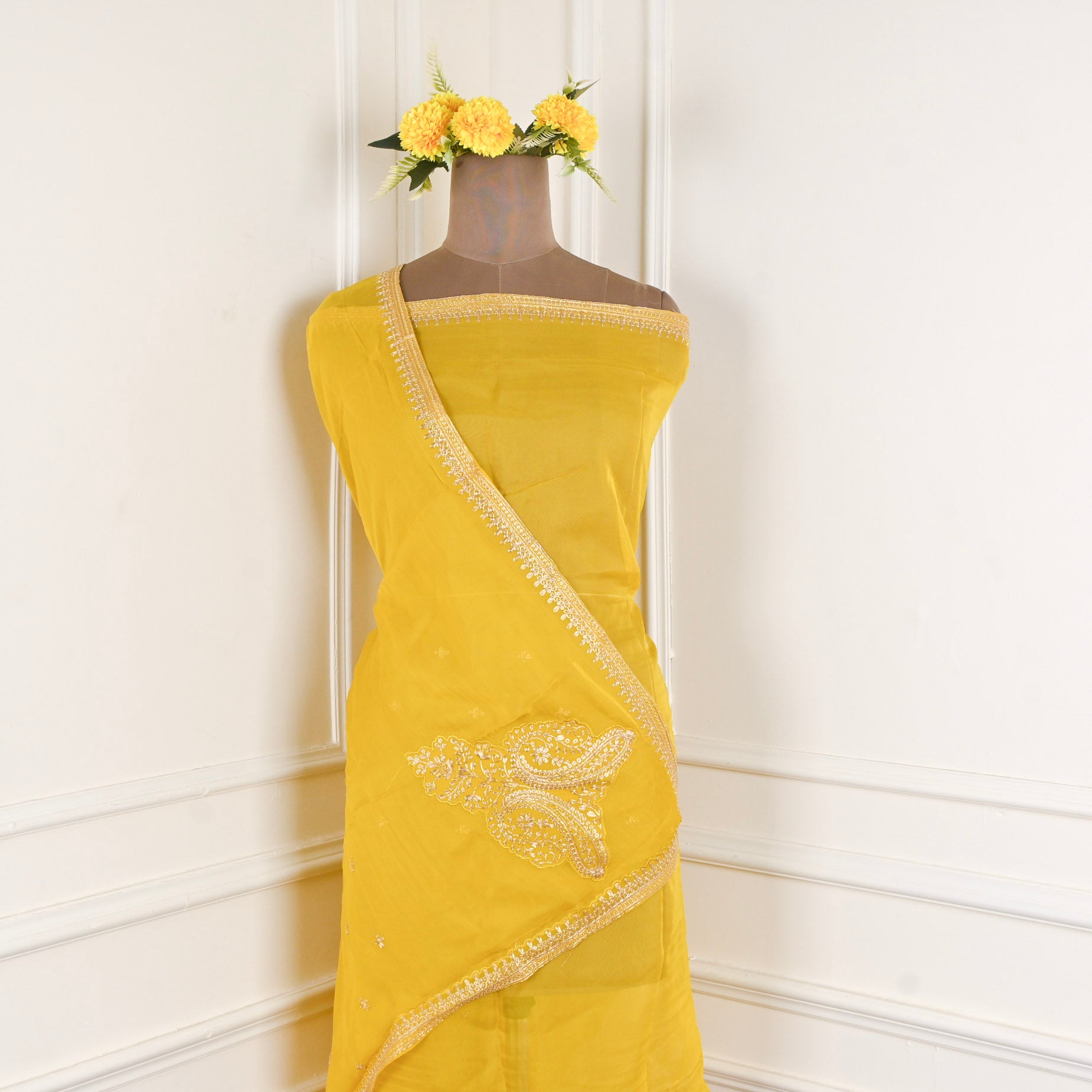 Organza Yellow Unstitched Suit