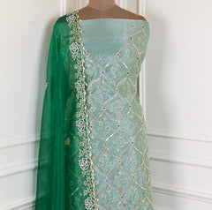 Glass Organza Pista Green Unstitched Suit